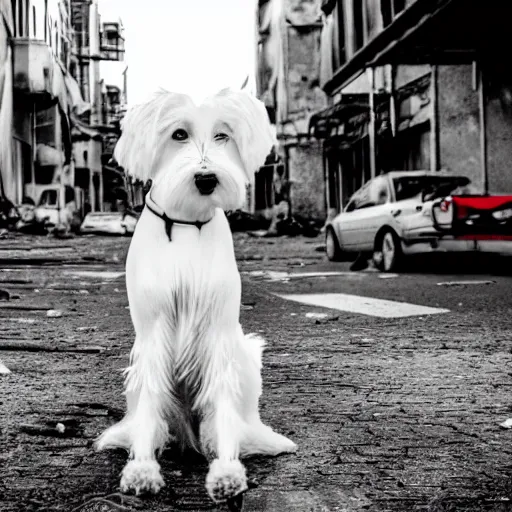 Image similar to photo of a white schnauzer dog with open wings on his back sitting on the street of an abandoned dystopic city, hyprrealism, 5 5 mm photo