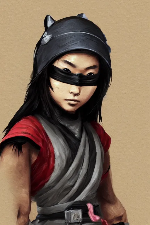 Image similar to native japanese young woman dressed like shinobi ninja, focused stare, partially masked, highly detailed, photorealistic render, digital painting, trending on artstation, character design, overcast weather