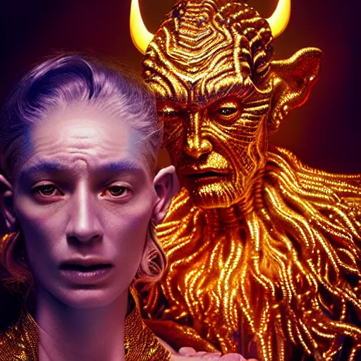 Prompt: uhd candid photo of cosmic god and the devil, glowing, global illumination, studio lighting, radiant light, hyperdetailed, correct faces, elaborate intricate details. photo by annie leibowitz