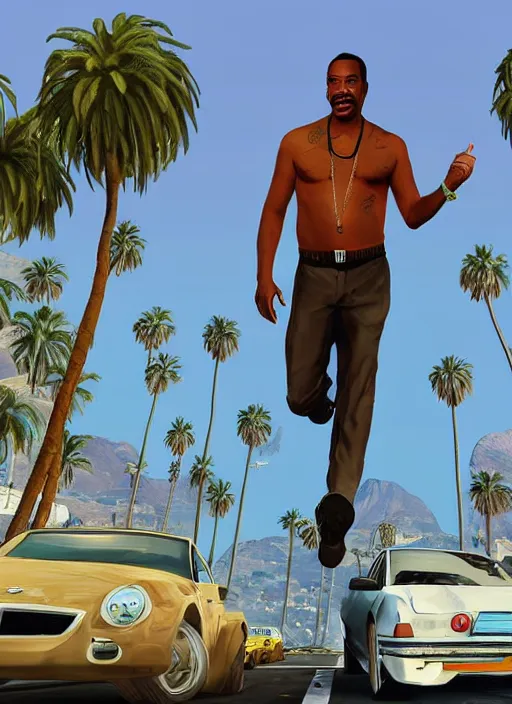 Image similar to eddie murphy gta v los santos in background, palm trees. in the art style of stephen bliss.