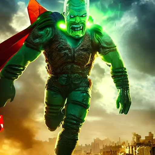 Image similar to pickle rick as superman flying in ( gears of war ), splash art, movie still, detailed face, photorealistic facial features, cinematic lighting, dramatic, octane render, long lens, shallow depth of field, bokeh, anamorphic lens flare, 8 k, hyper detailed, 3 5 mm film grain