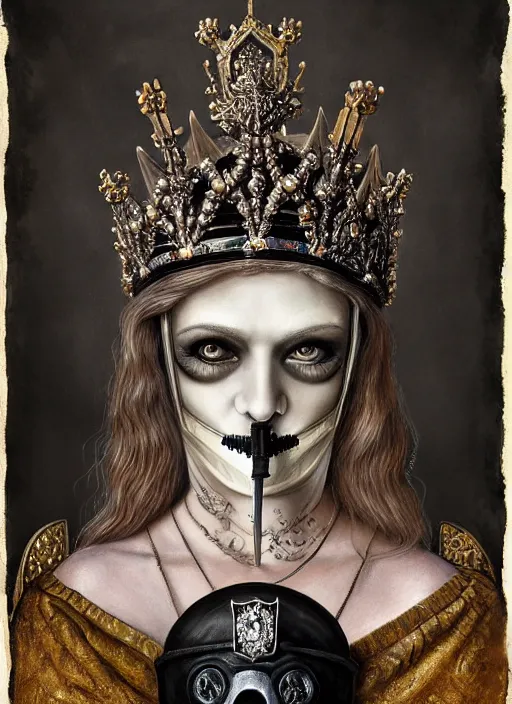 Image similar to highly detailed closeup portrait of a goth medieval princess wearing a crown and a gas mask sitting on a throne, nicoletta ceccoli, mark ryden, lostfish, global illumination, god rays, detailed and intricate environment