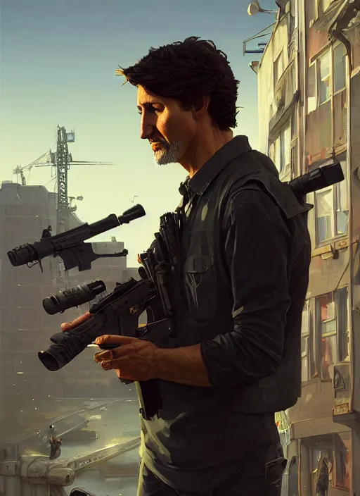 Image similar to highly detailed portrait justin trudeau in street gang attire holding ar - 1 5! in gta v stephen bliss unreal engine fantasy art by greg rutkowski loish rhads ferdinand knab makoto shinkai lois van baarle ilya kuvshinov rossdraws tom bagshaw global illumination radiant light detailed intricate environment