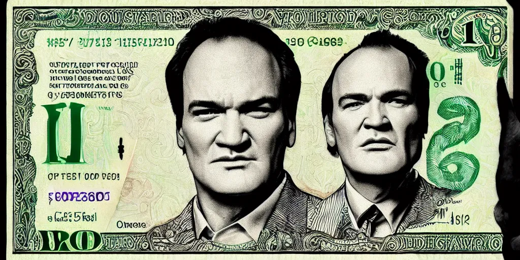 Prompt: a dollar bill with the face of quentin tarantino on it