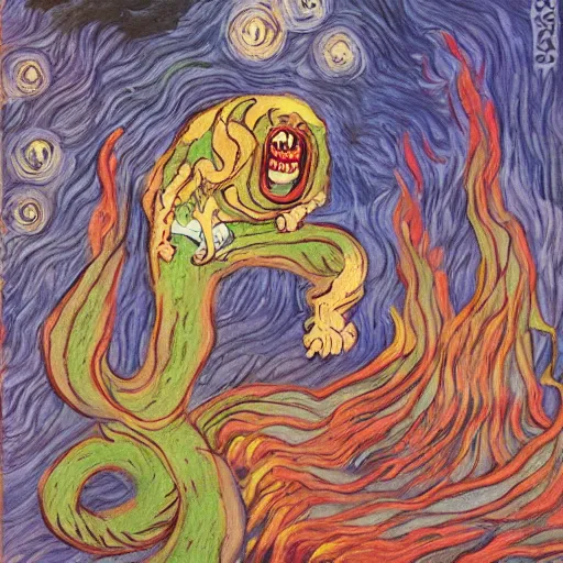 Image similar to whimsical silly painting of a terrifying demon, in the style of studio ghibli and moebius and claude monet and vincent van gogh