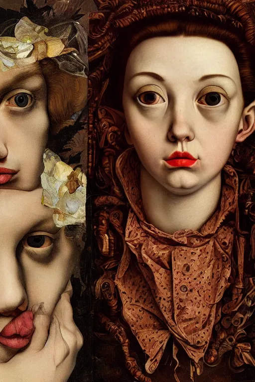 Prompt: Detailed maximalist portrait with large lips and with large eyes, sad expression, HD mixed media, 3D collage, highly detailed and intricate illustration in the style of Caravaggio, dark art, baroque