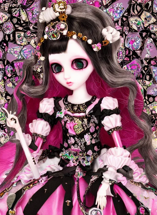 Image similar to baroque bedazzled gothic royalty frames surrounding a pixelsort emo demonic horrorcore japanese beautiful fairy kei doll, sharpened early computer graphics, remastered chromatic aberration