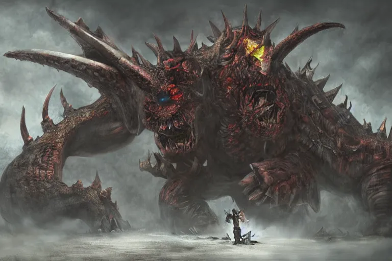 Image similar to concept art of bowser with huge horns and scales and talons in a ruined kingdom, resident evil, horror, occult, terror, mist, volumetric render, digital painting, detailed painting