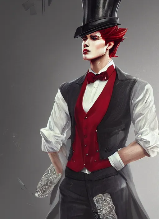 Image similar to a highly detailed illustration of stylish top hat wearing red haired attractive man, wearing suit vest, flashy leaning back pose, intricate, elegant, highly detailed, centered, digital painting, artstation, concept art, smooth, sharp focus, league of legends concept art, WLOP