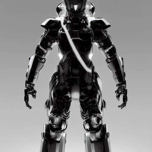 Image similar to a manga character in a futuristic room, black and shiny cyber armor, highly detailed, render, vray, octane, realistic lighting, by nihei tsutomu