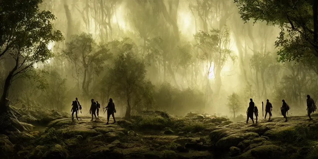 Prompt: muslim adventurers walking along the river bank in a forest, an epic fantasy, dramatic lighting, cinematic, extremely high detail, photorealistic, cinematic lighting, matte painting, artstation, by Christopher Nolan, horizon forbidden west