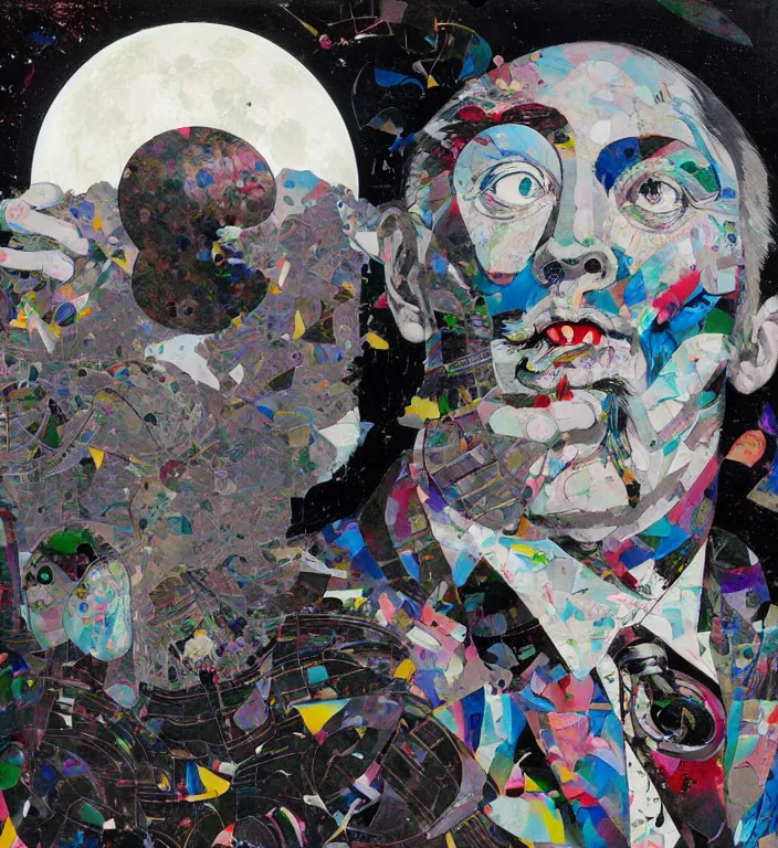 Image similar to decollage painting old white - headed man under the huge moon on a street of ruined city by adrian ghenie and takato yamamoto and edward hopper and mark ryden and tsutomu nihei, part by bridget riley, acrylic pour and splashing paint, very coherent, baroque elements, perfect anatomy, intricate design. pop art.