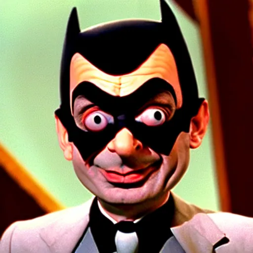 Prompt: mr. bean as batman 1 9 6 6. movie still. cinematic lighting.