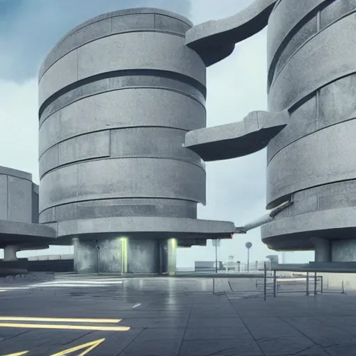 Image similar to sci fi utopian far future research facility exterior, brutalist architecture, grand scale