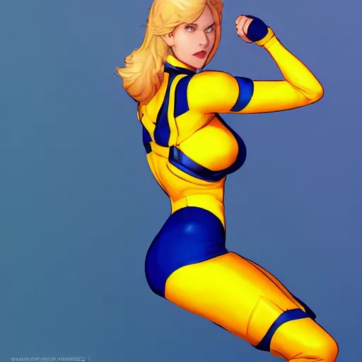 Image similar to character sheet of power girl wearing blue full bodysuit, yellow Jacket, blue backpack and yellow boots by Stanley Artgerm Lau, WLOP, Rossdraws, James Jean, Andrei Riabovitchev, Marc Simonetti, Yoshitaka Amano, ArtStation, CGSociety