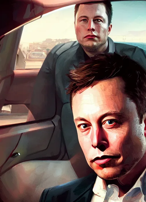 Image similar to highly detailed portrait elon musk gta 5 art, unreal engine, fantasy art by greg rutkowski, global illumination, radiant light