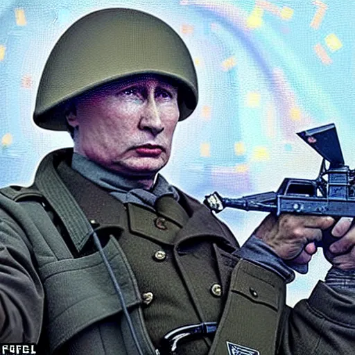 Image similar to Putin is sitting in the trenches and defending himself from Ukrainian troops, Retro futuristic painting style