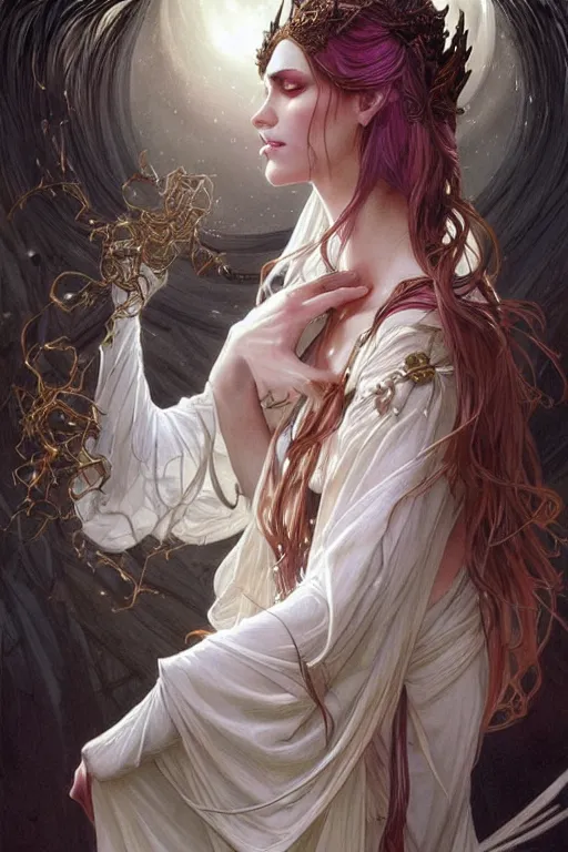 Image similar to white witch crafting magic spells, side view, crafting spells, bright witch, fantasy, chaos, magic, dark magic, dramatic lighting, intricate, wild, highly detailed, digital painting, artstation, concept art, smooth, sharp focus, illustration, art by artgerm and greg rutkowski and alphonse mucha