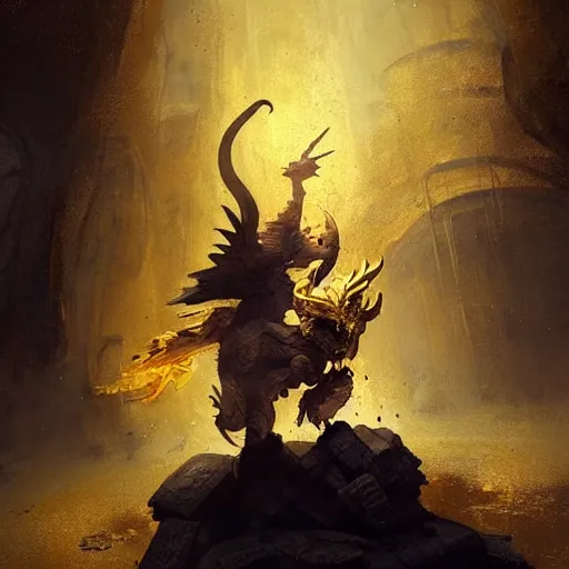 Image similar to a halfling ranger riding a golden dragon in an underground chamber, piles of gold coins scattered around the floor, fantasy painting by greg rutkowski