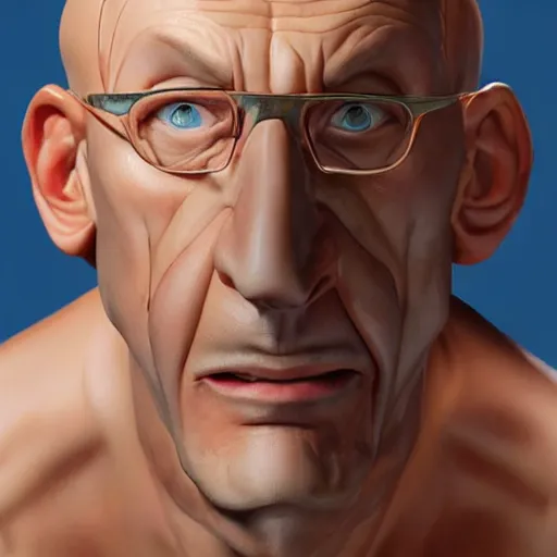 Image similar to A middle-aged Dr. Venture in real life with a hooked nose, a long gaunt face and skinny body and neck, very thin and bald, realistic, very realistic, hyperrealistic, highly detailed, very detailed, extremely detailed, detailed, digital art, oil painting, trending on artstation, headshot and bodyshot, detailed face, very detailed face, extremely detailed face, HD Quality, 8k resolution, very very detailed face, real life