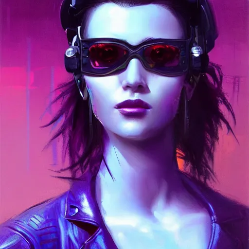 Image similar to very detailed masterpiece closeup painting of a very beautiful young mexican cyberpunk woman with blue shutter shades, one side haircut, dark purple hair, purple leather jacket, cyberpunk background, purple lighting, raining, portrait, artstation, concept art by greg rutkowski