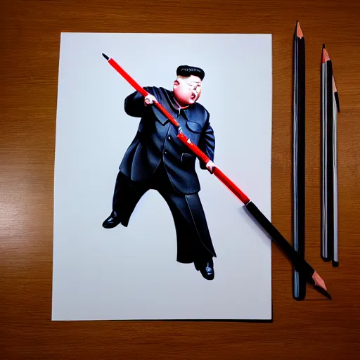 Prompt: a very detailed pencil drawing of kim jong un holding a lightsaber 4 k, high resolution, still, landscape, hd, dslr, hyper realistic, sketch