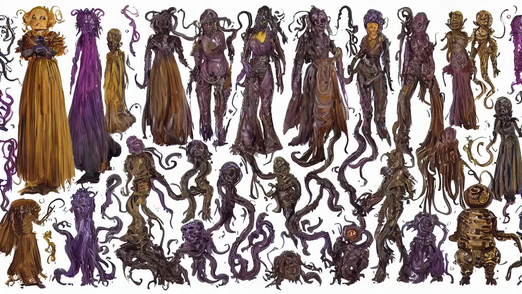 Image similar to highly detailed colorful character sheet for a stocky extraterrestrial victorian female servant maid with thick snake - like tentacles for hair, long dress with apron, star wars, jim henson creature shop, farscape, impact by craig mullins, by studio ghibli, digital art, trending on artstation, hd, 8 k, highly detailed, good lighting, beautiful, masterpiece