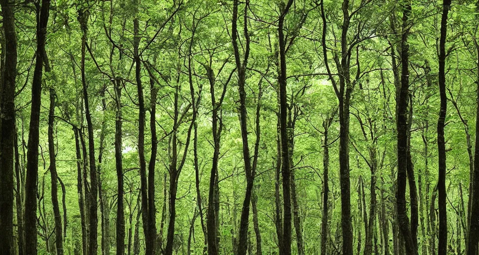 Image similar to deep inside an orderly forest, under the canopy of evenly spaced trees