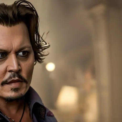 Image similar to stunning awe inspiring johnny depp as a ghostbuster, movie still 8 k hdr atmospheric lighting