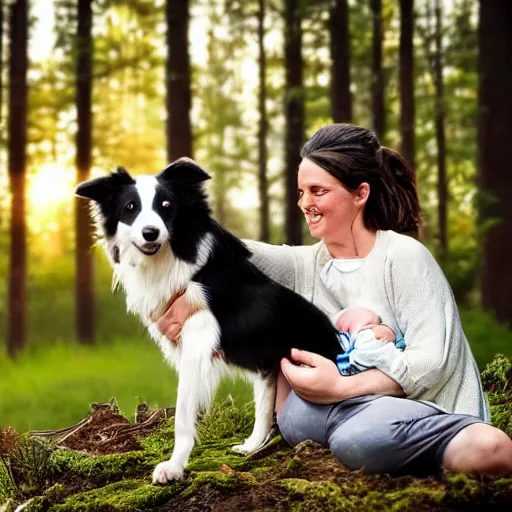 Image similar to a border collie protecting both a human baby and a fledgling who are both in a nest in a forest, beautiful, golden hour, impressionist