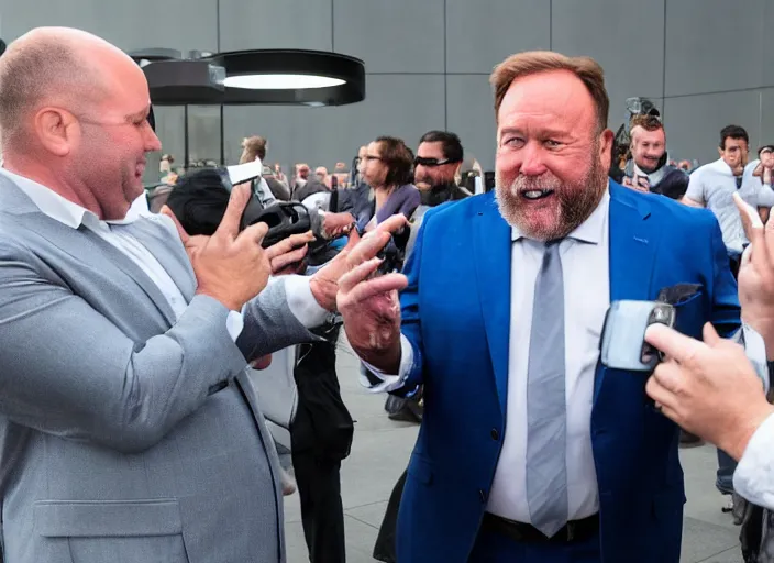 Prompt: dslr photo still of infowars host alex jones in a blue suit fat grey beard and mustache in an!!! apple store trying talking to an employee in a panic!!!, 5 2 mm f 1. 8