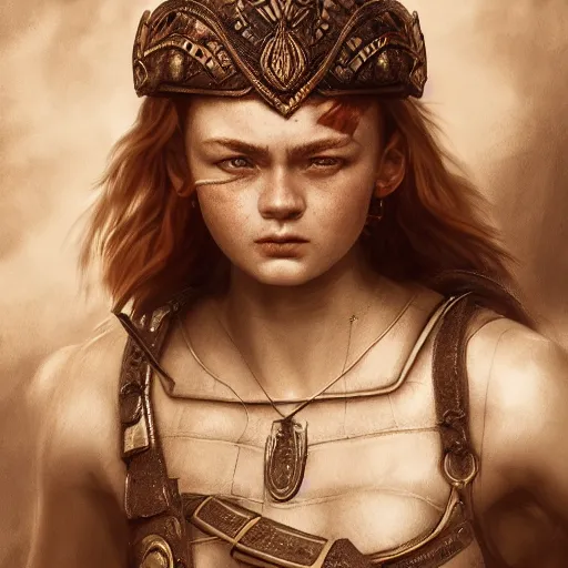 Image similar to sadie sink proud muscular female turkish warrior, portrait by Cedric Peyravernay, highly detailed, excellent composition, cinematic concept art, dramatic lighting, trending on ArtStation