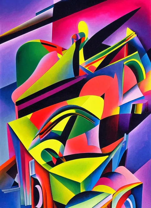 Prompt: A surreal neon painting of Zaha hadid 3d kandinsky birthday cake made of cubism futuristic picasso rooms in 3 point perspective by hr giger and Vladimir kush and dali and kandinsky, 3d, realistic shading, complimentary colors, cake, vivid neon colors, aesthetically pleasing composition, masterpiece, 4k, 8k, ultra realistic, super realistic,