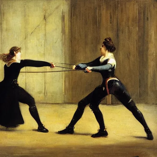 Prompt: actress in a fencing duel tournament by alfred stevens