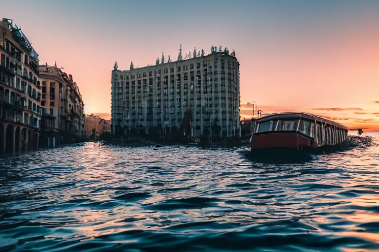 Prompt: views of people on boats on a catastrophic barcelona, buildings covered with high water, floating cars, sunset lighting, photo real