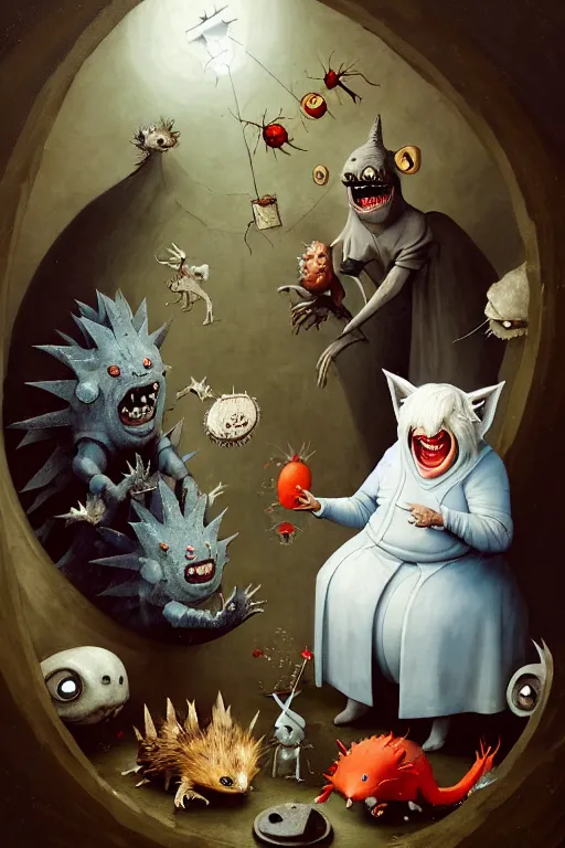 Image similar to hieronymus bosch, greg rutkowski, anna podedworna, painting of two white haired catgirls, a small fat blue godzilla, a pickle in a suit and tie, a cybernetic fox woman, a woman with one eye, a small hedgehog, a man with a shrimp for a head, all laughing at a vampire clown with red hair