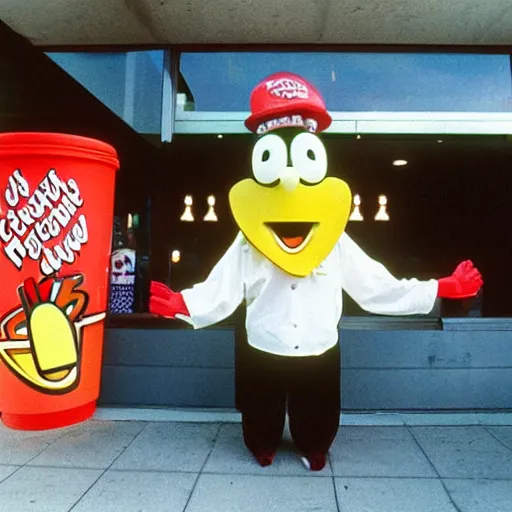 Image similar to The mascot for a once-popular fast food chain, 1990, colour photography