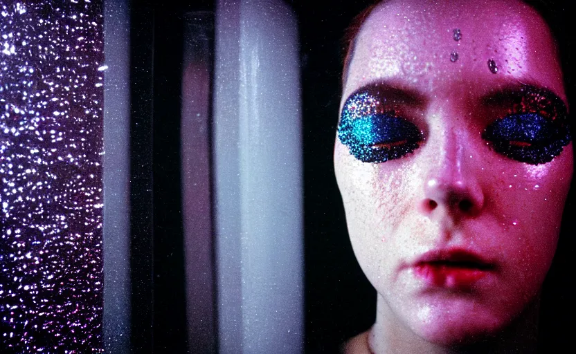 Image similar to cinestill 5 0 d candid photographic portrait by stanley kubrick of a feminine man wearing rugged black techwear and glitter makeup looking in the bathroom mirror, cramped new york apartment, medium closeup, retrofuturism cyberpunk emotional cinematic, light and shadows, 8 k, hd, high resolution, 3 5 mm, f / 3 2, ultra realistic faces