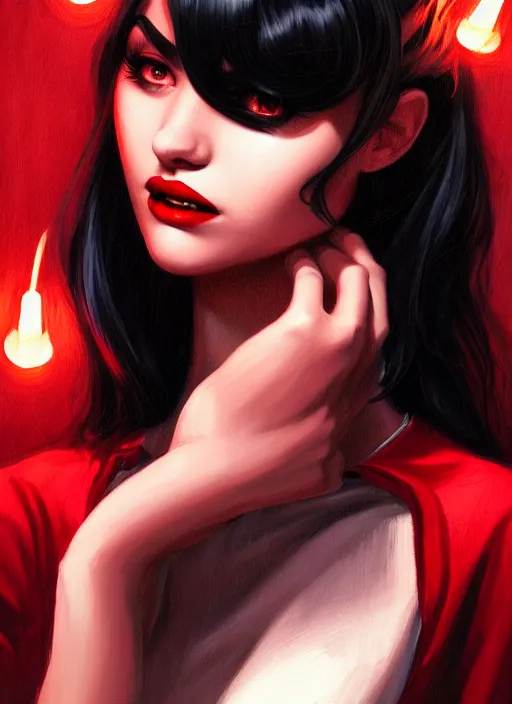 Image similar to portrait of vampire veronica lodge with bangs, vampire fangs, vampire, long hair, red clothes, bangs, vampironica, intricate, elegant, glowing lights, highly detailed, digital painting, artstation, concept art, smooth, sharp focus, illustration, art by wlop, mars ravelo and greg rutkowski