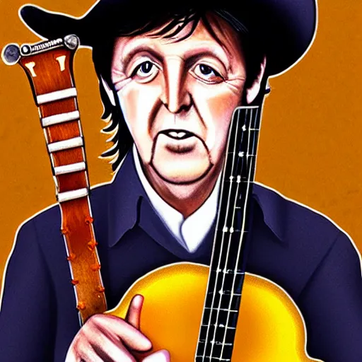Prompt: Paul McCartney as a cowboy playing the banjo, 8k, high definition, highly detailed, photo-realistic