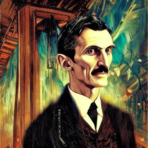 Prompt: portrait of nikola tesla in wardenclyffe tower, hanafuda oil on canvas by ivan shishkin, james jean and yoji shinkawa