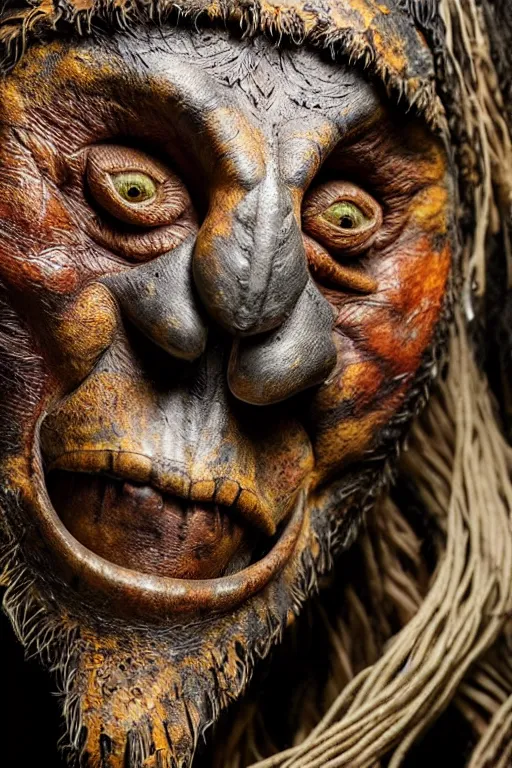 Prompt: photo taken of an epic intricate, ultra detailed, super realistic gritty, hero prop, exquisitely weathered animatronic movie prop of a lifelike sculpture of a huaorani ecuadorian amazon tribe creature displayed in the workshop, created by weta workshop, full body shot, photorealistic, sharp focus