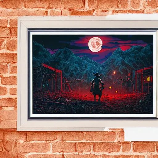 Image similar to cowboy walking into ruined town, nightime, highly detailed, artwork by dan mumford, blood red moon