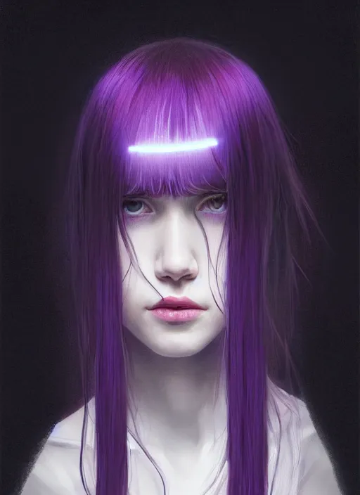 Image similar to portrait of teenage girl with white bangs, red irises, bangs, black and white hair, purple clothes, white bangs, two color hair, black hair and white bangs, intricate, elegant, glowing lights, highly detailed, digital painting, artstation, concept art, smooth, sharp focus, illustration, art by wlop, mars ravelo and greg rutkowski