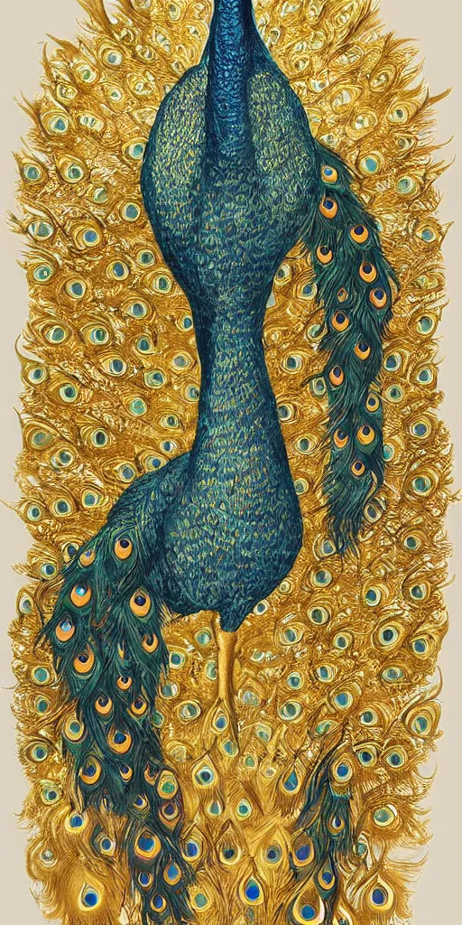 Prompt: a throne made of gold and surrounded by peacock feathers with an elegant art deco boarder, tamara de lepika, illustration,