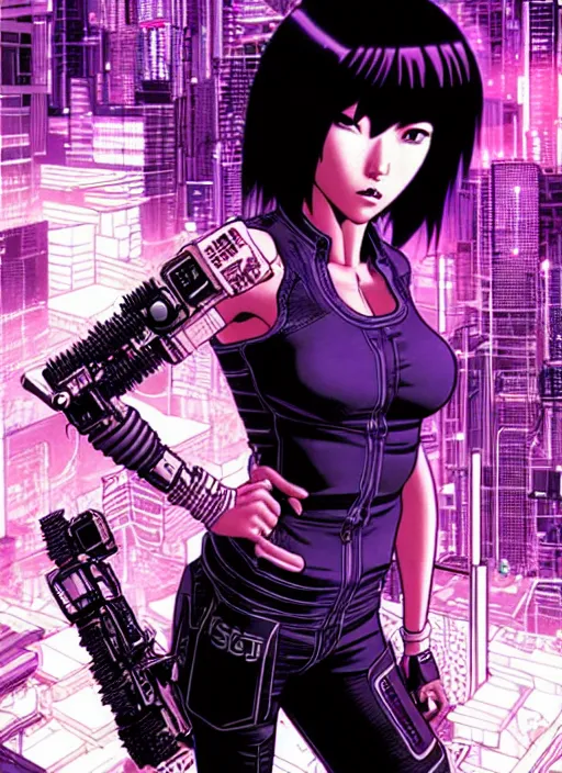 Image similar to motoko kusanagi in grungy cyberpunk megacity, intricate and finely detailed, cyberpunk vaporwave, portrait by j scott campbell, phil jimenez, ilya kuvshinov