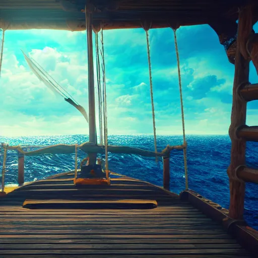 Image similar to pirate ship interior, view of ocean, background, octane render, beautiful, 8 k,