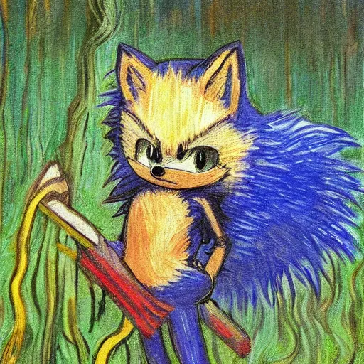 Image similar to sad painting of detailed realistic sonic the hedgehog in the woods at night, in the style of studio ghibli and moebius and claude monet and edward hopper and vincent van gogh