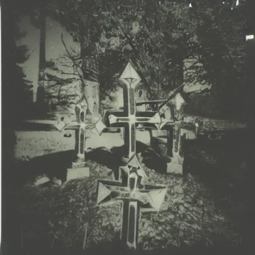 Prompt: occult sacrifice site, many crosses and effigies, taken with Polaroid camera with dark and dark ominous lighting