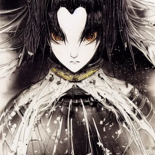 Image similar to Yoshitaka Amano blurred and dreamy illustration of an anime girl with black eyes, wavy white hair and cracks on her face wearing elden ring armour with the cape fluttering in the wind, abstract black and white patterns on the background, noisy film grain effect, highly detailed, Renaissance oil painting, weird portrait angle, three quarter view, head tilted to the side, 1990s jrpg cover